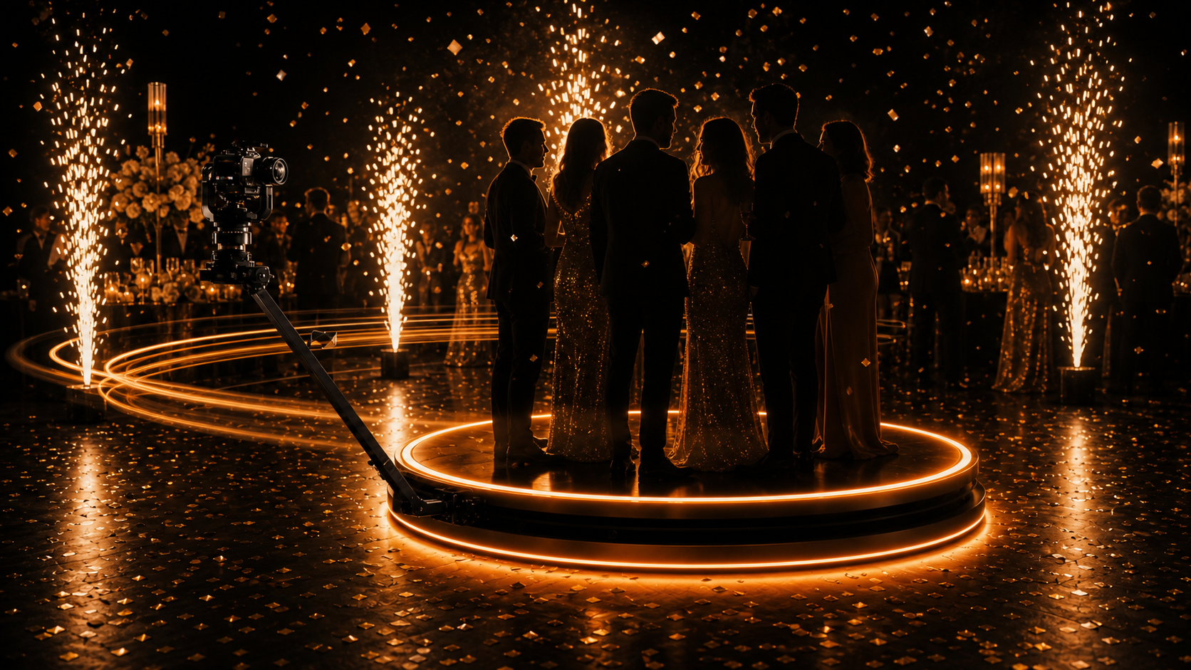 Luxury 360 platform glowing at an elegant celebration